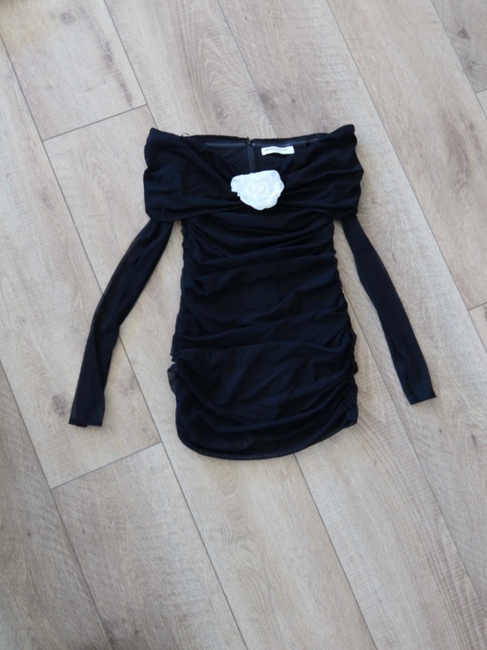 Amanda Uprichard Black Ruched Mesh Off Shoulder Mini Dress Rosette Size S NWOT